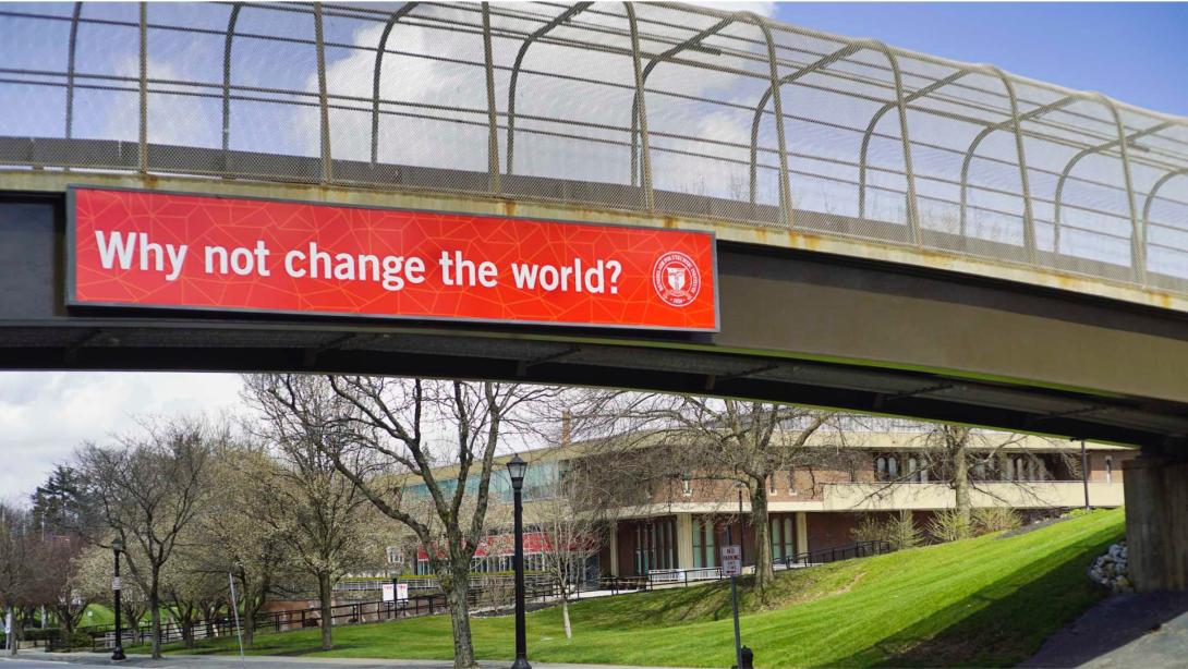 Pedestrian bridge with RPI slogan