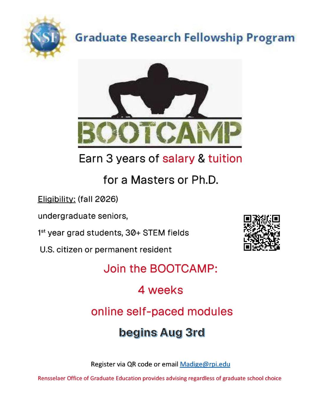 Image of military person doing a push up at Bootcamp. Text includes same information as above